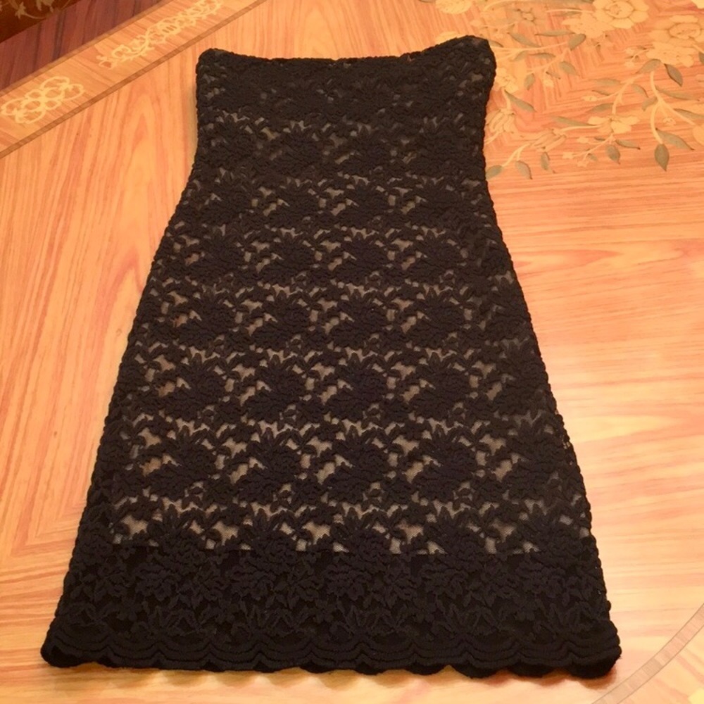 Daniel&Rebecca Floral Lace Mesh Curve Hugging Black Strapless Mini Dress Sz.XS